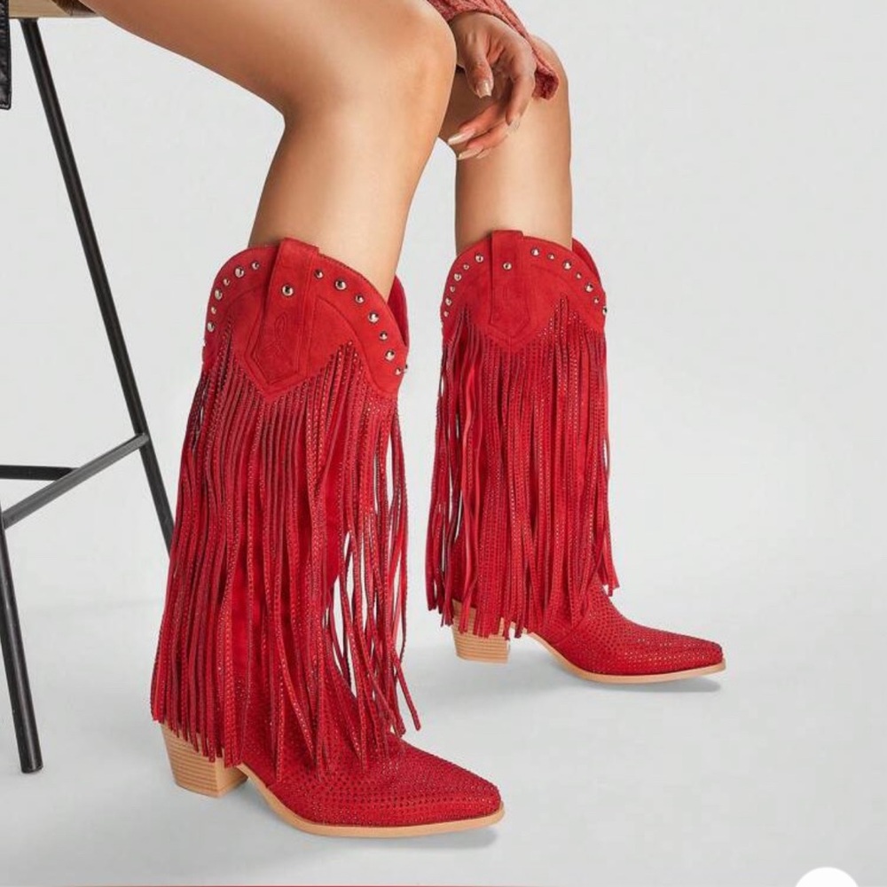 Red Fringe Rhinestone Western Boots